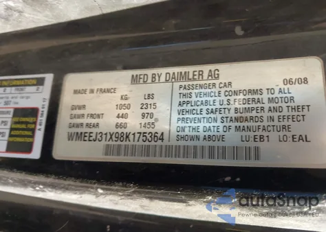 2008 Smart Fortwo Passion/Pure z USA, uszkodzony, nr VIN WMEEJ31X98K175364